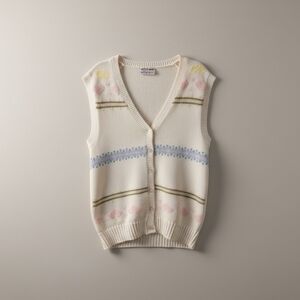 Vintage Cream Knit Sweater Vest Pastel Heart Pattern Button Front Cottagecore